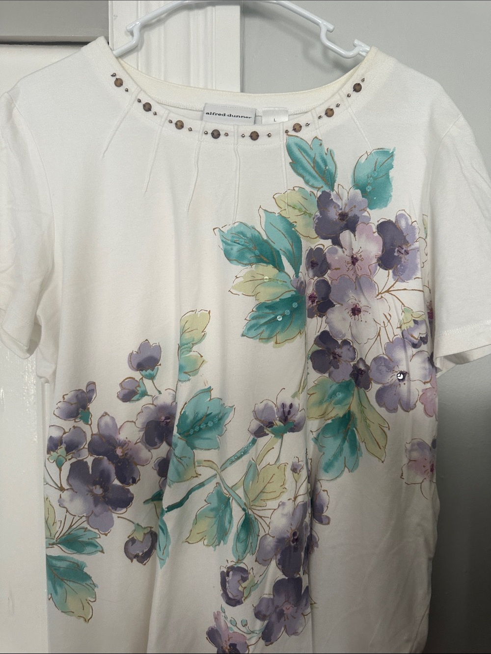 Alfred Dunner Cream Tee with Purple and Teal Floral Print
